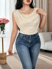 Feyla Plus Size Women's Solid Color Ruched Fitted Fashion T-Shirt - Apricot - View 3