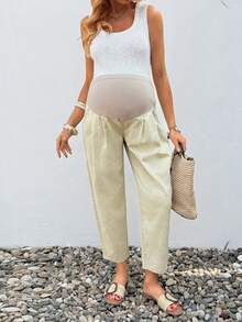 SHEIN Quần jeans bầu cạp cao, có túi, ống côn, kiểu dáng thường ngày, đa năng. - Màu Khaki - Xem 7