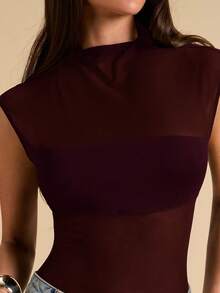 SHEIN BAE 黑色无袖性感透视网纱拼接不对称连体衣，黑色性感透视连体衣 - 紫紅色 - 查看 6