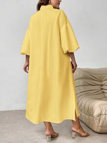 SHEIN Privé Robe ample mi-longue à manches lanternes pour femmes grandes tailles, élégante, pour vacances, plage, rendez-vous romantique, mariage ou fête - Jaune citron - Voir 2