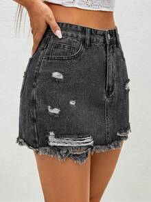 SHEIN ICON 女士夏季做旧毛边不对称口袋牛仔裙裤 - 灰色 - 查看 4