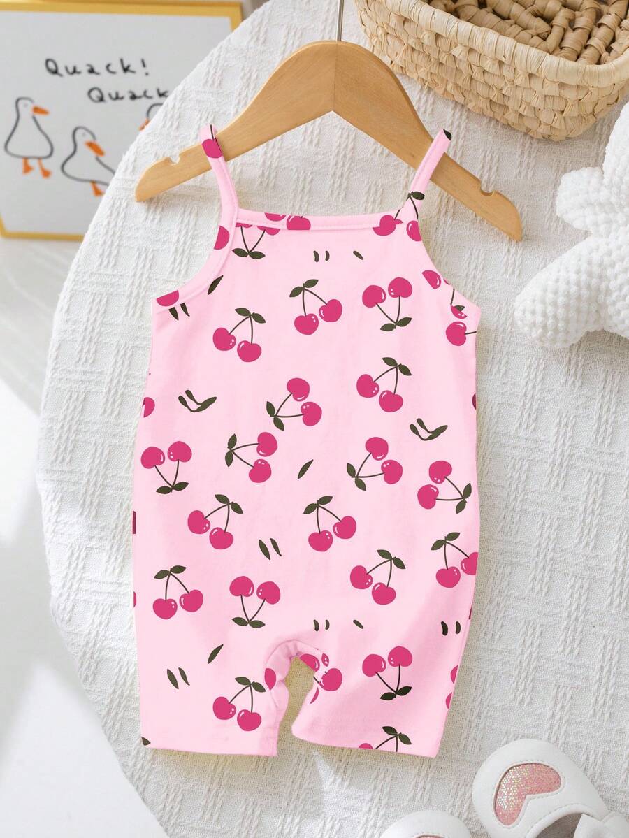 SHEIN Bộ áo liền quần hai dây họa tiết quả anh đào dễ thương cho bé gái, thích hợp cho mùa xuân và mùa hè, những kỳ nghỉ thư giãn, những ngày cuối tuần ở bãi biển, trang phục hè dễ thương, đồ dùng mùa hè cho trẻ em, phong cách Hàn Quốc, thời trang đi biển, đồ dùng cho chuyến đi chơi mùa hè - Nhiều màu - Xem 1