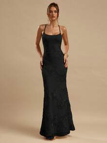 SHEIN BAE 纯黄色提花露背系带修身连衣裙，优雅大方，适合早午餐、婚礼宾客、鸡尾酒会、海滩度假等场合。 - 黑色 - 查看 4