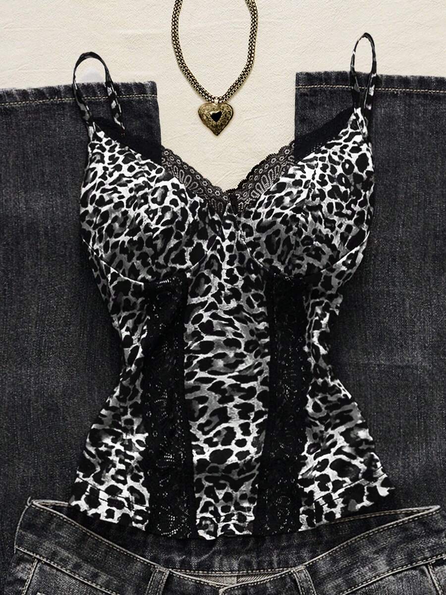 SHEIN Sexy Lace Patchwork Leopard Print Camisole Top For Summer Vacation - Black and White - View 1