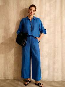 MOTF PREMIUM WOMEN'S LINEN COMFORTABLE LOOSE SHIRT - Blue - View 6