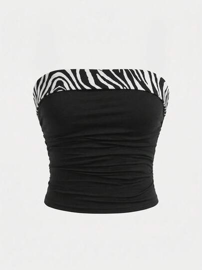 SHEIN Girlism 少女针织拼接斑马纹褶皱休闲吊带背心