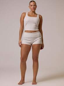 MUSERA Plus Size Ribbed Foldover Waist Fitted Mini Shorts Hotpants Everyday Essentials Basic Cute Casual Spring Summer Holiday - Grey - View 2