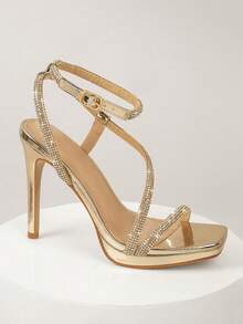 Hauture Square Toe Ankle Closure Rhinestone Strap Heels For Wedding Party Spring Shoes Spring Break Easter Prom Heels For Christmas Valentine's Day - Gold - View 2
