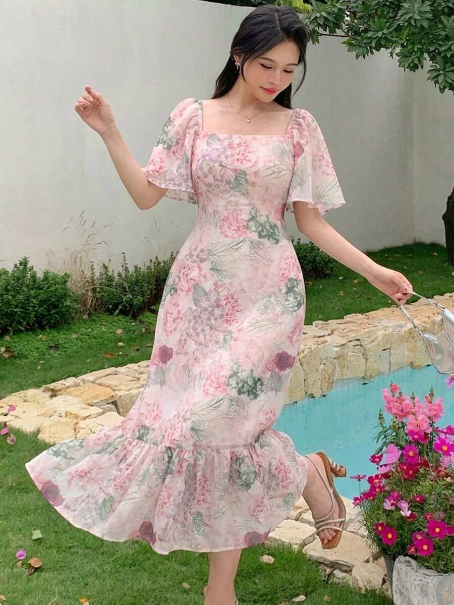 DAZY 优雅印花长裙，适合女士春夏穿着 - 粉色 - 查看 1