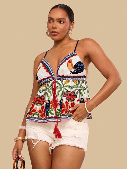 Travachic Casual Minimalist Woven Vacation Bohemian Tropical Plant & Bird Floral Print Pattern, A-Line Spaghetti Strap Tassel Hem Comfortable Women's Tank Top, Plus Size Spring/Summer Blouse