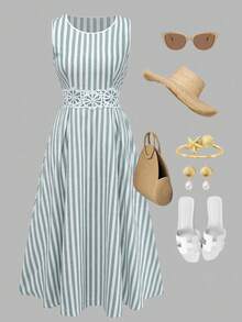 GlowEve Women's Cotton Linen Blue & White Striped Waist Patchwork Hollow Lace Trim Waist A-Line Midi Dress, Charming Elegant Daily Commute Vacation Fashion Date French Street Retro Versatile Spring Summer Blue & White New Arrival Sleeveless Shirt Dress - Multicolor - View 3