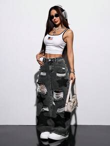 SHEIN PETITE Quần jeans nữ dáng rộng, rách, ống rộng, có túi và họa tiết ngôi sao. - màu đen - Xem 7