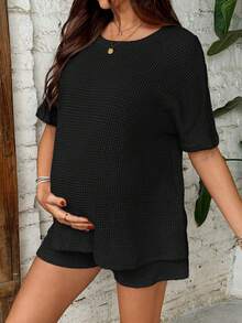 SHEIN 夏季服装，孕妇休闲纯色T恤短裤两件套，女士夏季休闲套装，黑色短裤，女士休闲度假日常两件套，女士套装，女士短裤套装，华夫格针织套装，两件套休闲套装，女士休闲套装，女士动物园主题服装，女士拉链两件套，女士休闲两件套，女士两件套短裤套装，针织短袖上衣短裤套装 - 黑色 - 查看 6