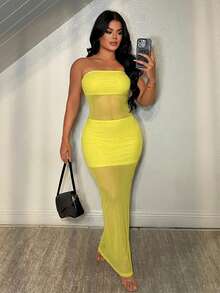 Vestido transparente de unicolor sin tirantes y sin mangas, sexy - amarillo ganso - Ver 4
