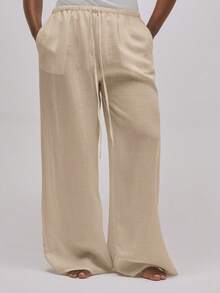 MUSERA Pantalones rectos con amarre en la parte delantera de lino de talla grande, básicos para vacaciones, verano, viajes y playa - Marrón - Ver 2