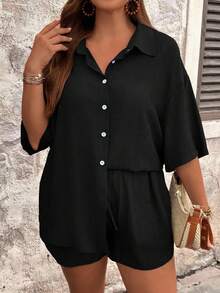 SHEIN Tall CURVE Bộ đồ mùa hè màu trơn, dáng rộng, tay ngắn, có túi và quần short dây rút, cỡ lớn. - màu đen - Xem 1