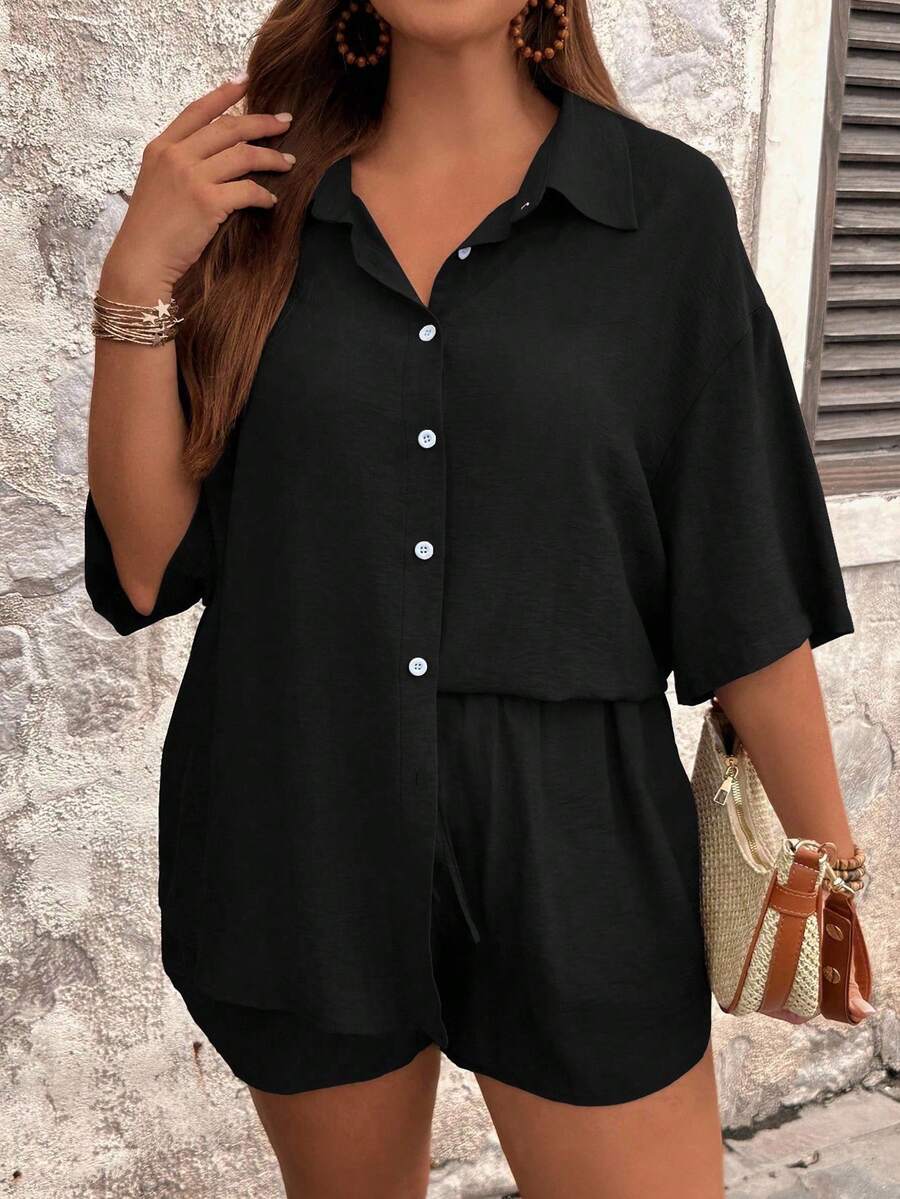 SHEIN Tall CURVE Bộ đồ mùa hè màu trơn, dáng rộng, tay ngắn, có túi và quần short dây rút, cỡ lớn. - màu đen - Xem 1