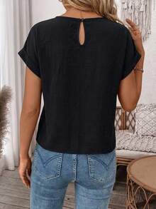 SHEIN LUNE ملابس علوية قطن أبيض صيفي للنساء: تي شيرت مربوط بعقدة جميلة، مناسب للخروجات العادية، ملابس علوية كاجوال للنساء - الأسود - مشاهدة 2