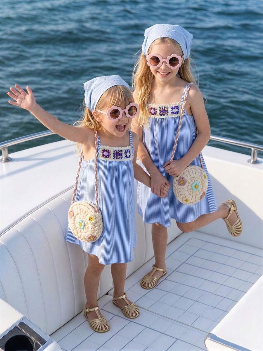 Elladie kids Đầm kẻ sọc tối giản cho bé gái (size nhỏ) với viền hoa móc nhiều màu sắc, đầm chữ A hai dây thoải mái, thích hợp cho mặc hàng ngày và đi nghỉ mát. - Màu xanh lam - Xem 1