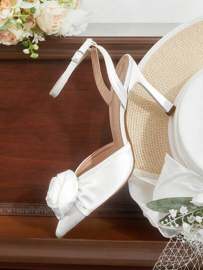 CUCCOO HITCHD Women Shoes Outdoor Women's Pointed Thin Heel Satin Fabric Flower Decoration Stylish, Simple And Comfortable Daily Party Wedding Banquet Buckle Sticking Heel Solid Color Shoes