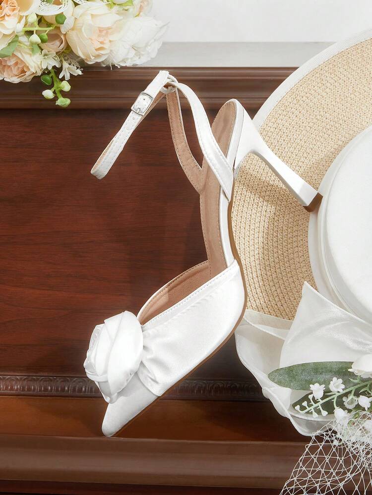 CUCCOO HITCHD Women Shoes Outdoor Women's Pointed Thin Heel Satin Fabric Flower Decoration Stylish, Simple And Comfortable Daily Party Wedding Banquet Buckle Sticking Heel Solid Color Shoes