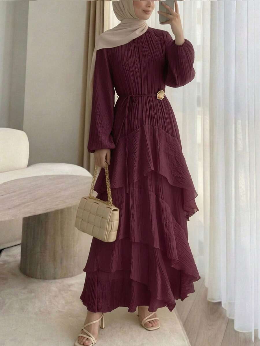 Solavon New Ruched Multi-Layer Flounce Cinched Waist Flowy Beach Dress, Flattering And Suitable For Vacation And Beach