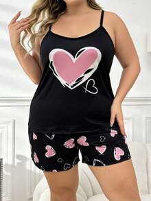 SHEIN Conjunto de pijama de camiseta de tirantes y pantalones cortos con estampado de corazones para tallas grandes - Negro - Ver 3