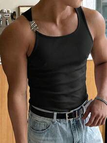 Manfinity Dauomo Men's Summer Fashion Metal Decor Tight Fit Tank Top Mens Vest Top Mens Tank Top Fitted Tank Tops Mens Singlet Top Gym Vests For Men - Black - View 3