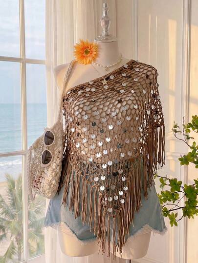 Comfortcana Plus Size Women Sequin Hollow Out Tassel Casual Vacation Knit Top