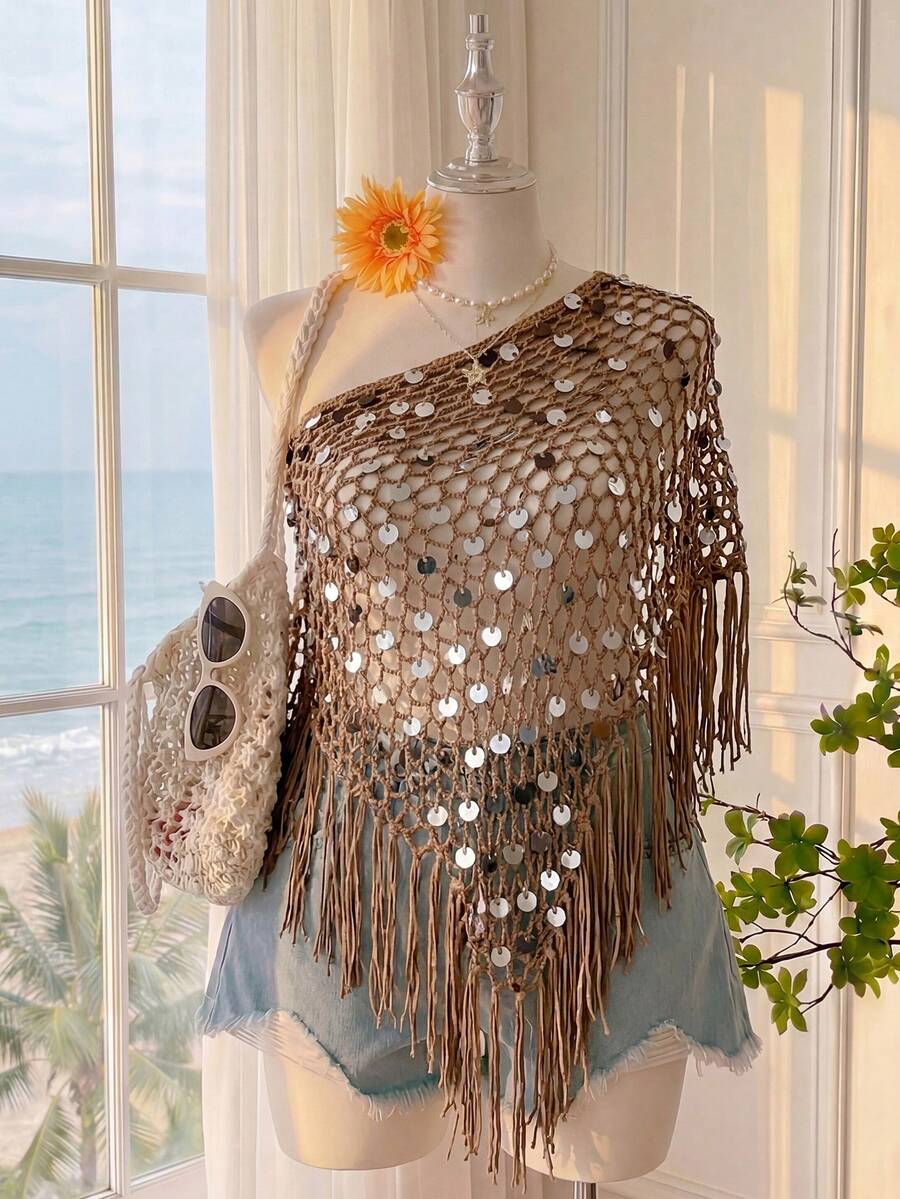 Comfortcana Blusa casual de punto con lentejuelas, calado y flecos para mujer de talla grande - Caqui - Ver 1