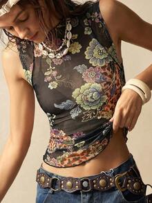 Bohemela Summer Women's Vacation Versatile Black Multicolor Floral Composite Leopard Print Positioning Knit High-Stretch Mesh Printed Breathable Top - Multicolor - View 7