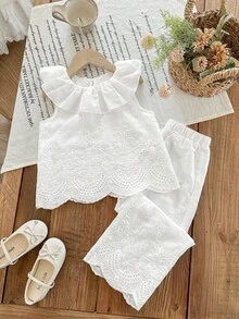 LMoss Kids 2pcs Young Girl Woven Solid Color Embroidered Ruffle Collar Camisole And Long Pants Set - White - View 2