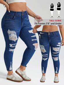 SHEIN PETITE CURVE Plus Size Women's High Waist Distressed Ripped Skinny Jeans, Stretch Denim Pants Casual Summer Streetwear Plus Size Casual Blue Distressed Frayed Skinny Jeans - Blue - View 1