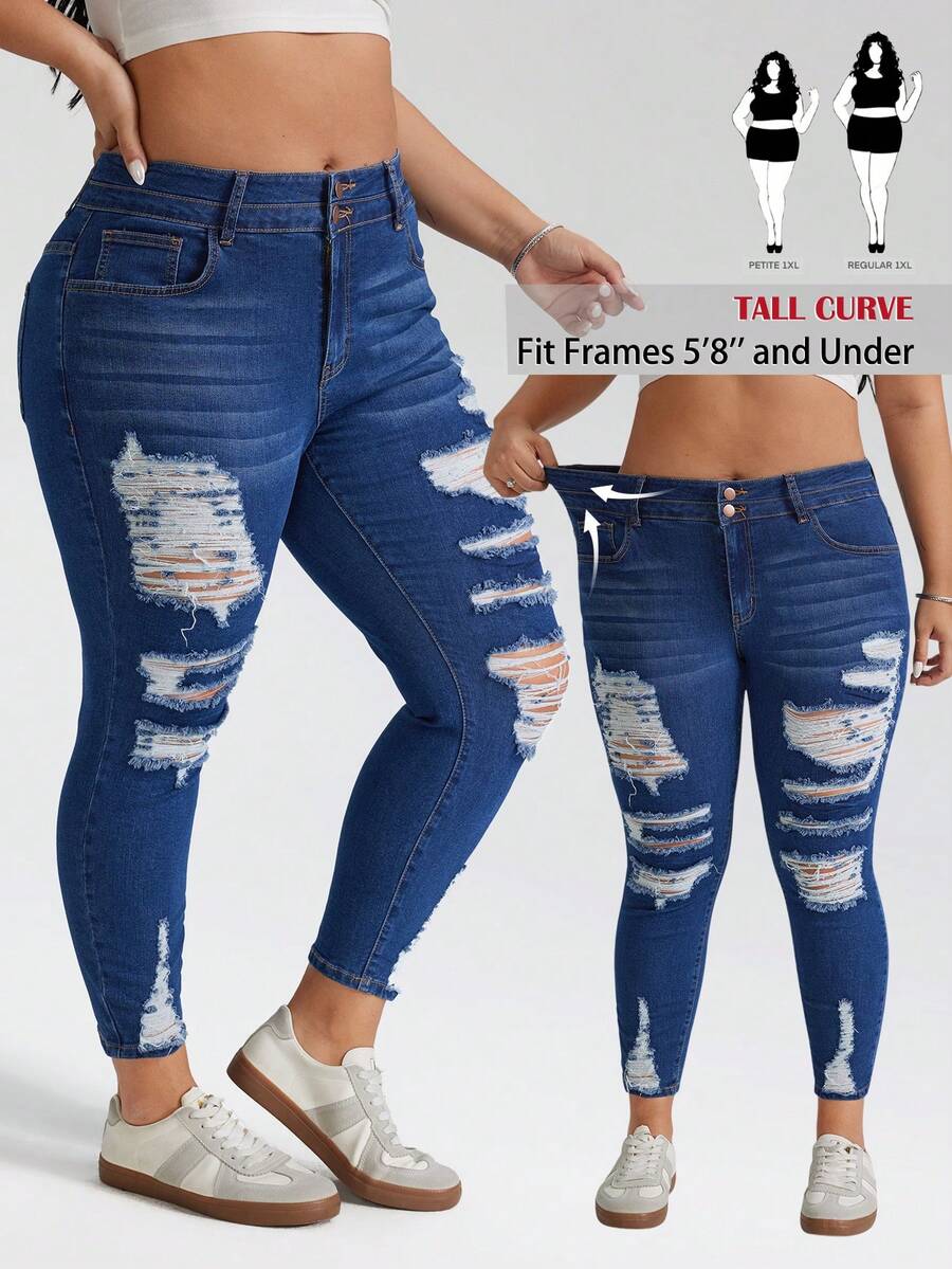 SHEIN PETITE CURVE Plus Size Women's High Waist Distressed Ripped Skinny Jeans, Stretch Denim Pants Casual Summer Streetwear Plus Size Casual Blue Distressed Frayed Skinny Jeans - Blue - View 1