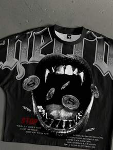 Manfinity Roghcode Gothic Style Vampire Teeth Print Cropped Loose Fit Short Sleeve T-Shirt, Fashion For Dates, Parties, Couples Gift For Boyfriend - Black - View 2