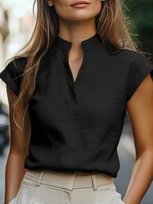 EMERY ROSE Women's Solid Color V-Neck Casual Cap Sleeve Blouse - Black - View 3