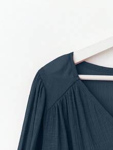 SHEIN LUNE 大码波西米亚风七分袖亚麻质感衬衫 - 藍色 - 查看 5