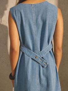 Aralina Đầm ngắn denim mùa hè cho nữ, dáng xòe, cổ tròn, không tay, có chi tiết thắt eo phía sau, dễ thương, thanh lịch, thích hợp cho đi biển, nghỉ lễ, du lịch hoặc các sự kiện khác. - Rửa nhẹ - Xem 9