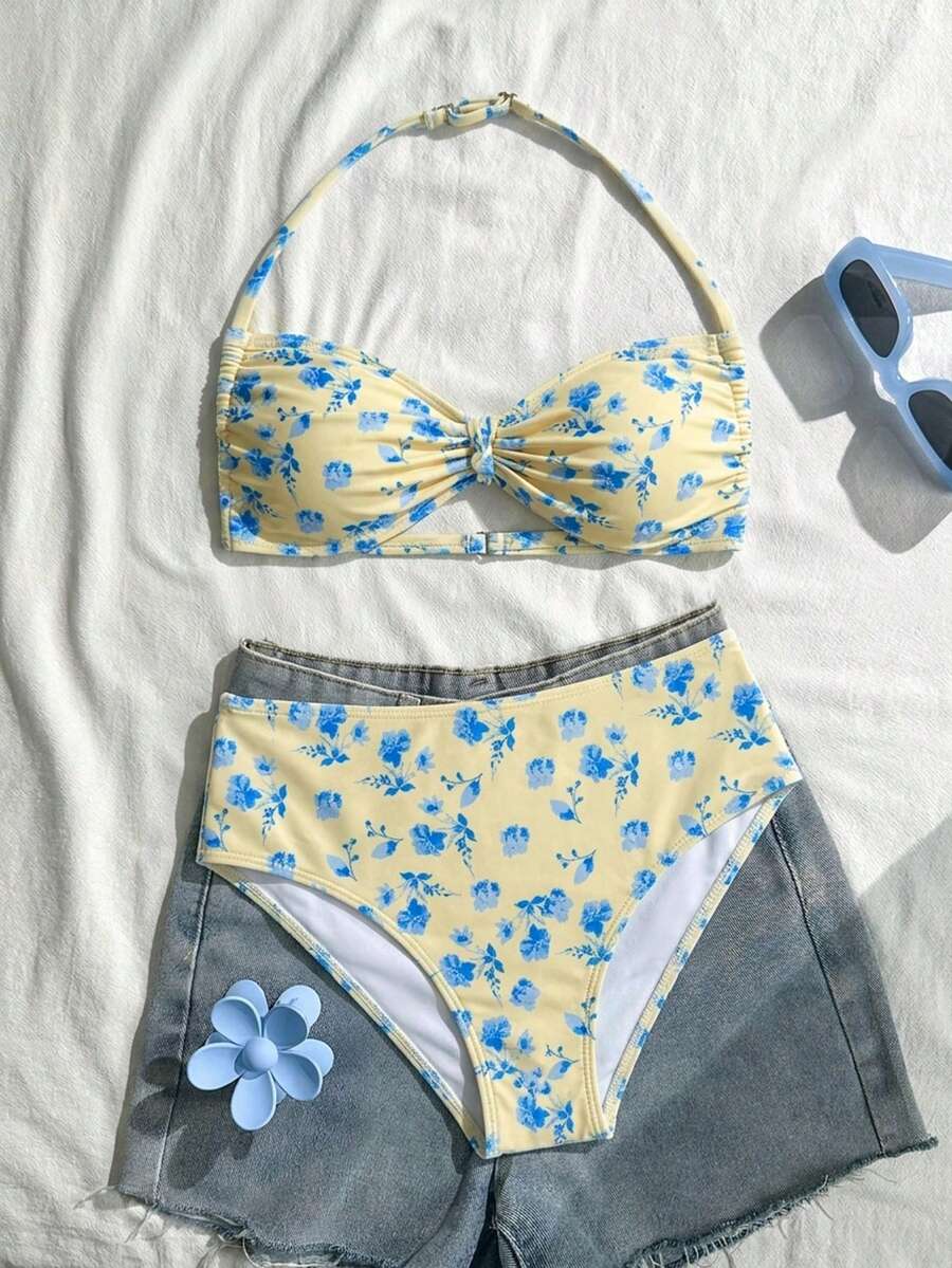 SHEIN 少女印花荷叶边挂脖比基尼和三角泳裤两件套泳衣,适合夏季假期、母亲节、毕业典礼、春夏日常、外出、度假、节日穿着,时尚少女,休闲装,新款,返校季,轻松休闲风穿搭,少女风T恤 - 黃色 - 查看 1