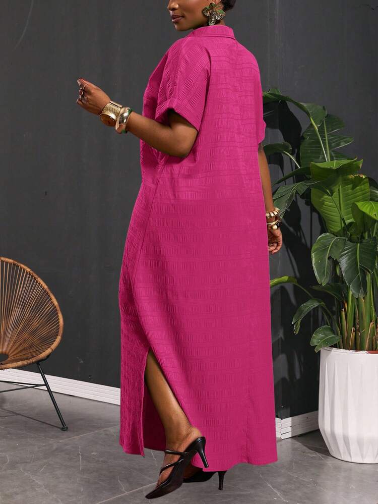 Slaydiva Plus Size Long Shirt Dress,Magenta,Summer,Smart Casual