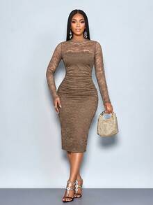 SOLERSUN Sexy Elegant Simple Floral Print Spring/Autumn Women Dress - Khaki - View 3