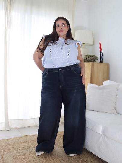 Pretty and Ole 大码女式宽松直筒深蓝色复古牛仔裤，休闲复古风格，适合新年和圣诞节穿着。