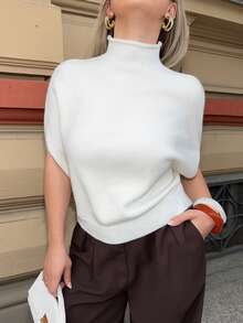 Jeta Ari Áo len nữ thanh lịch, dáng rộng, cổ đứng, tay ngắn, màu trắng/be, kiểu dáng oversized, áo chui đầu thời trang thu đông mới, đa năng, thích hợp cho mùa xuân. - Màu be - Xem 4
