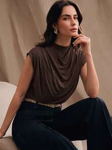Anewsta Minimalist Design Pleated Drape High Waist Fitted Women Tank Top - Brown - View 1