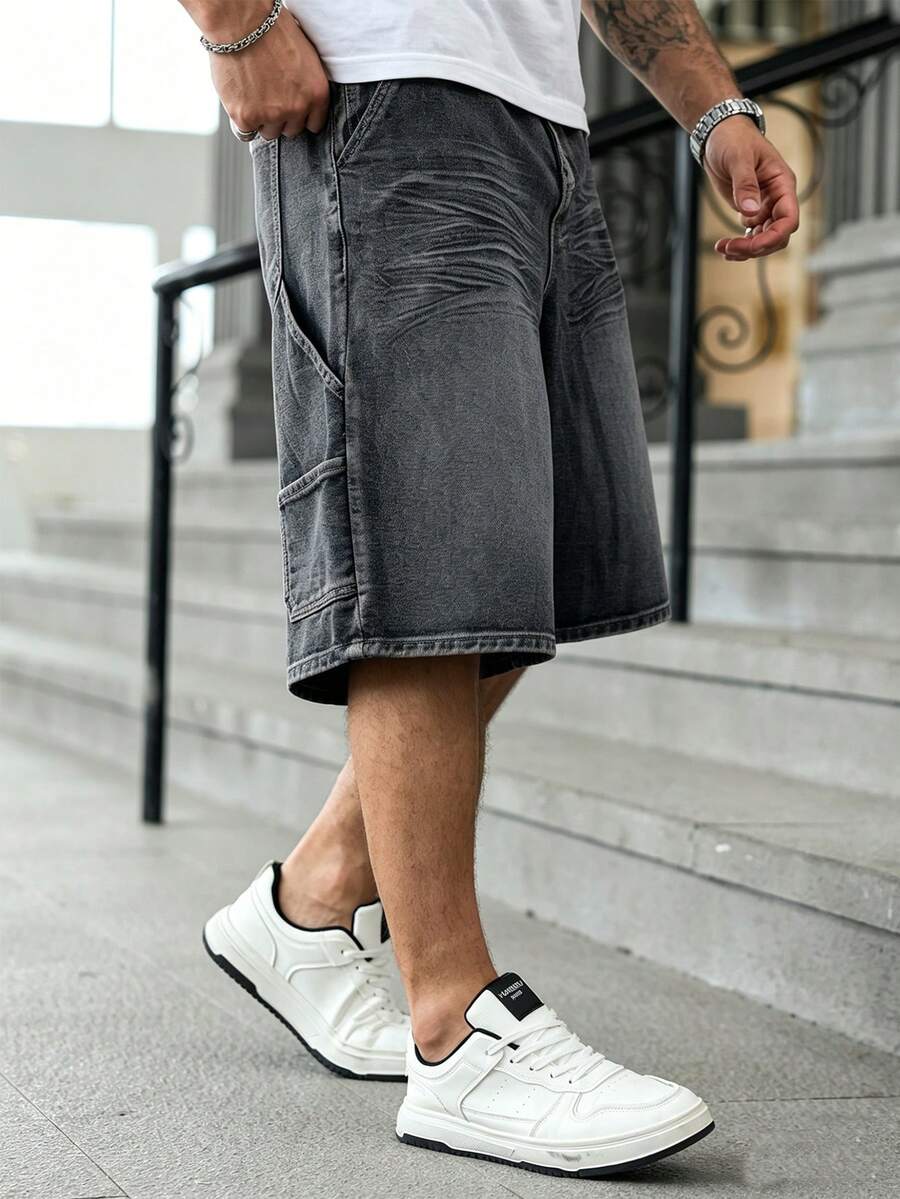 Manfinity EMRG Men's Solid Color Slant Pocket Casual Loose Wide Leg Denim Shorts - Grey - View 1