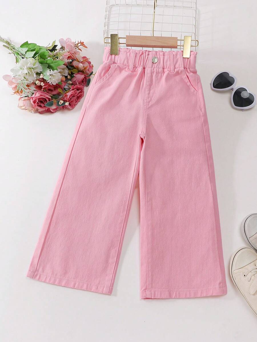 SHEIN Genkimix Kids 女童牛仔裤 春秋新款 简约休闲 浅棕色水洗牛仔布 松紧腰 阔腿 宽松舒适 优质棉质牛仔布 日常基础款 学校假期 春秋穿着 儿童牛仔裤 女童长裤 - 淺粉色 - 查看 1