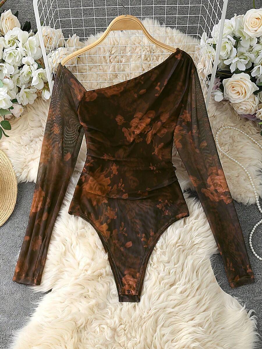 Franclia Women's Fashion Leopard Print Mesh Sheer Long Sleeve Bodysuit - Yellow - View 1