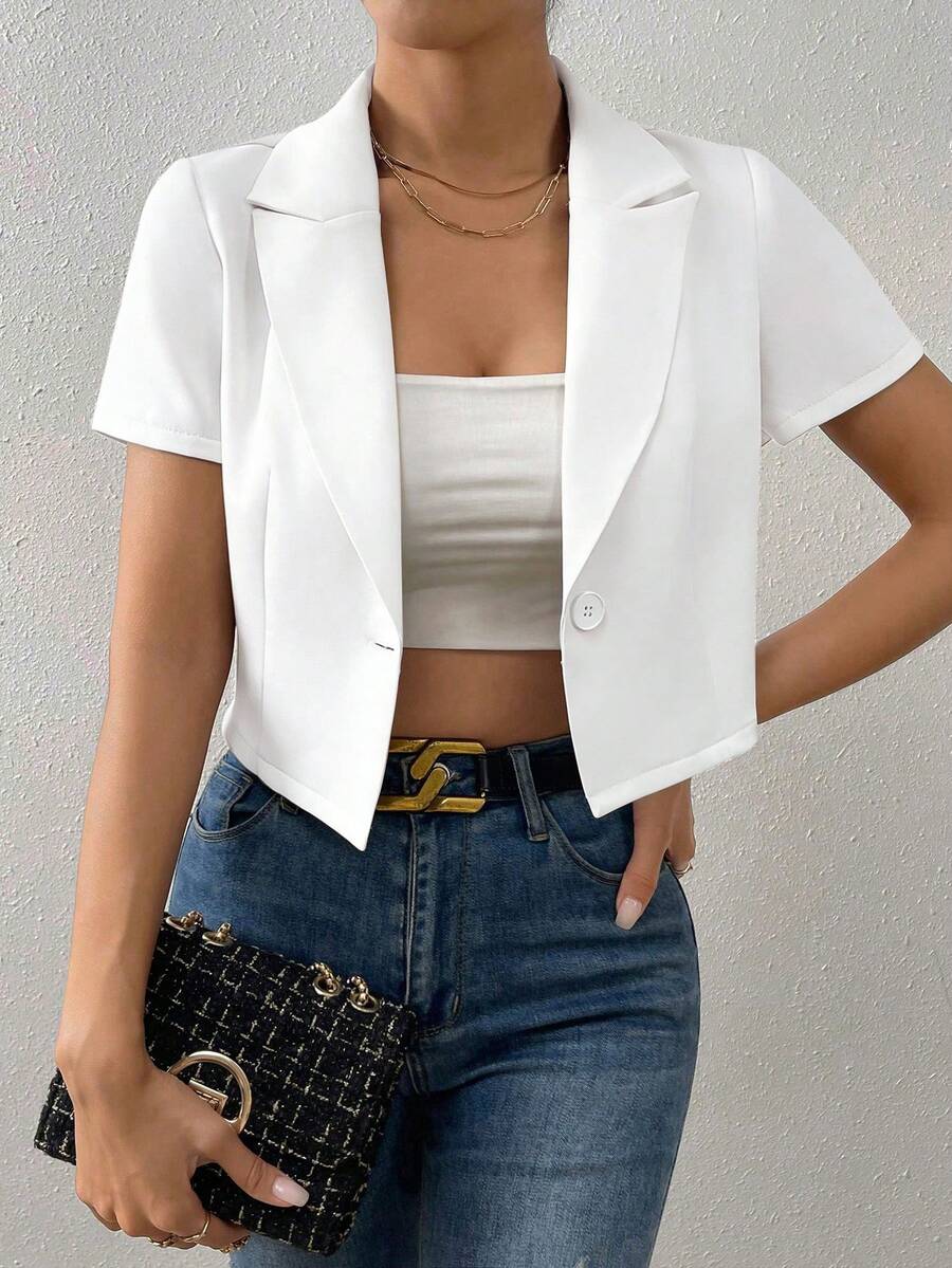 Pariaura Women's Solid Color Minimalist Daily Short Sleeve Blazer - White - View 1