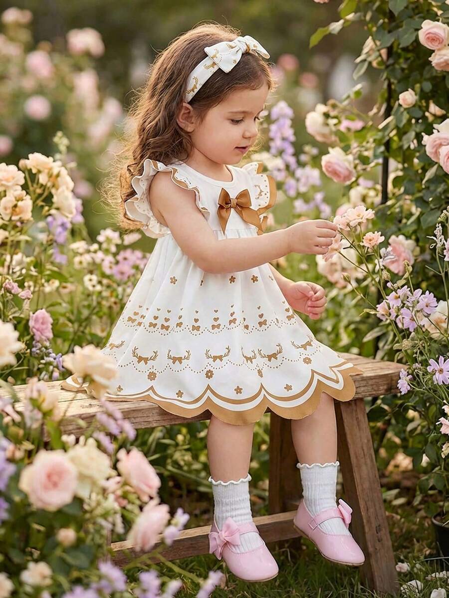 SHEIN Genkimix Kids 女婴/婴儿白色圆领连衣裙，配棕色缎带蝴蝶结、荷叶边袖口、脚印和爱心刺绣，清新甜美的田园风格，轻盈透气，适合夏季穿着。 - 彩色 - 查看 1