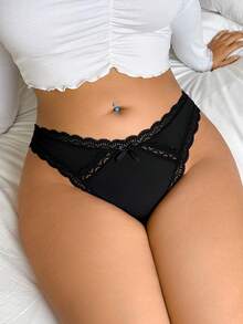 Seduluxe 1 pieza Tanga de encaje con parches para mujer de talla grande - Negro - Ver 4